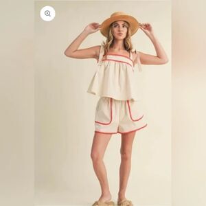 & Merci Tan with Red Geometric Trim Knot Straps Top and Short Set Sz L NWT ***